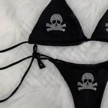 Y2K Bikini set  Rhinestones skull emo Swimsuit Women Sexyprint Padded Bra Thong Two Pieces Swimwear Beachwear Bathing Suit Femme