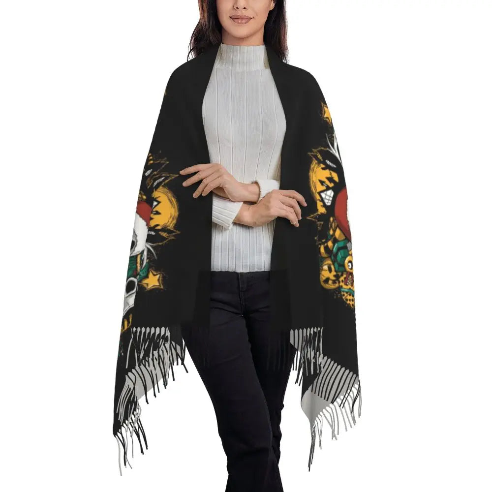 Custom Jack Skellington Sally Tassel Scarf Women Winter Fall Warm Shawls Wraps Ladies The Nightmare Before Christmas Scarves