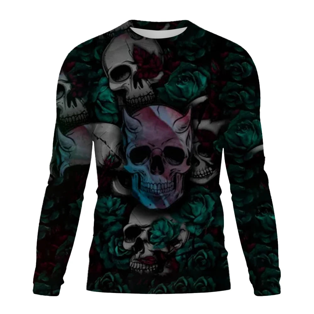 Men's Retro Long sleeved T-shirt Horror Street Skull 3D Print O-neck Short Sleeve Skeleton Street Hip-hop Shirt Large size Tops