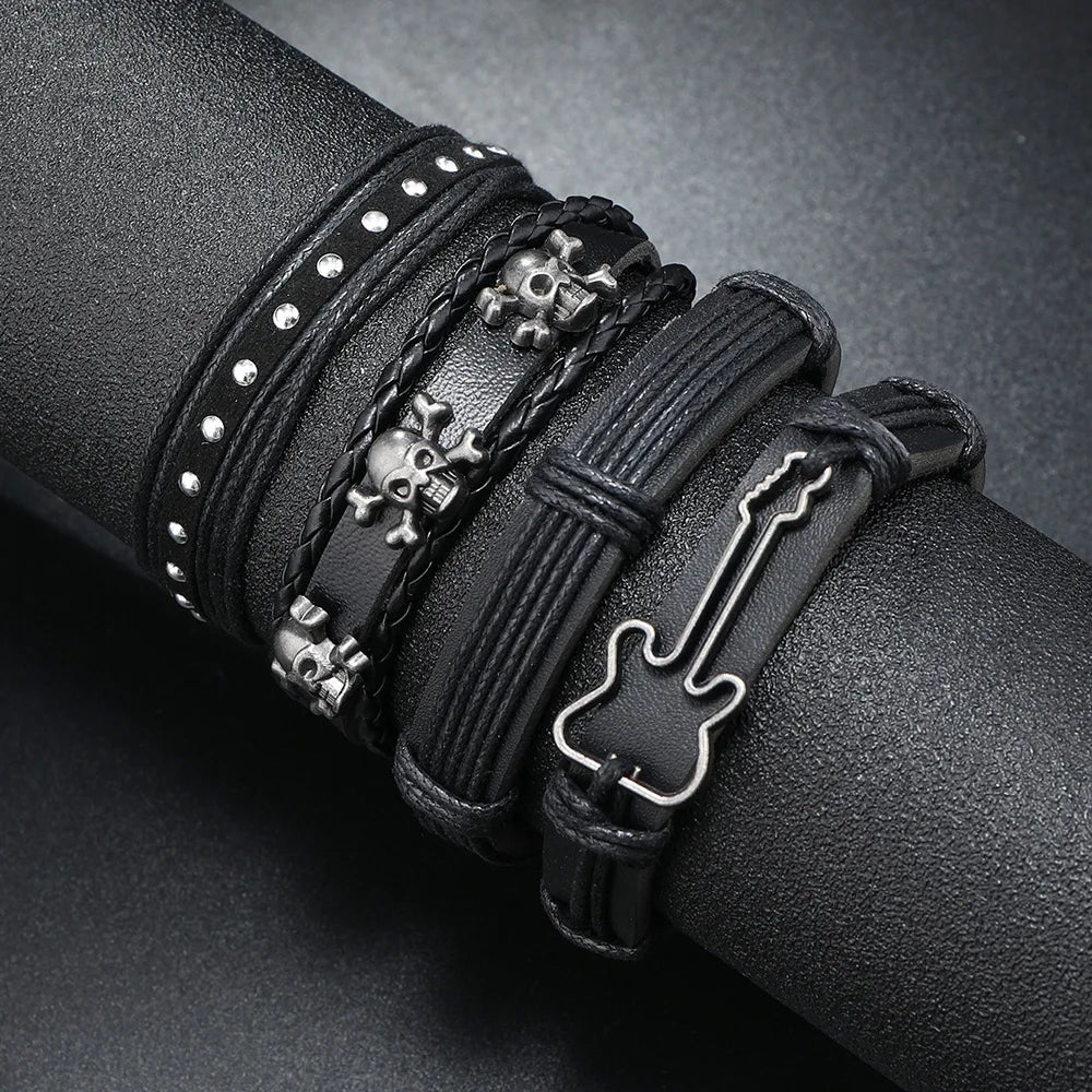 Leather Bracelet For Men New Fashion Accessories Men DIY Leather Bracelet Set Simple Guitar Sound Skull Combination Bracelet