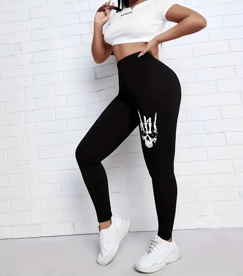 Skull & Hand Print Casual Tight Stretch elastic waist Comfortable slim fit Work daily travel Wear women's leggings