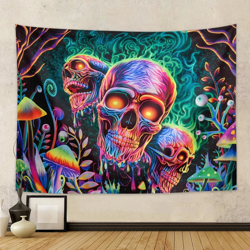 Skeleton flower fluorescent tapestry, UV tapestry, plant mushroom tapestry, bedroom aesthetic decoration wall hanging