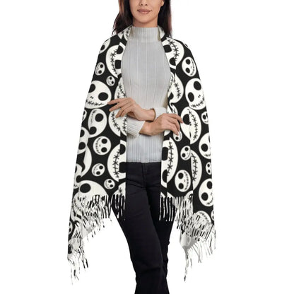 Custom Jack Skellington Sally Tassel Scarf Women Winter Fall Warm Shawls Wraps Ladies The Nightmare Before Christmas Scarves