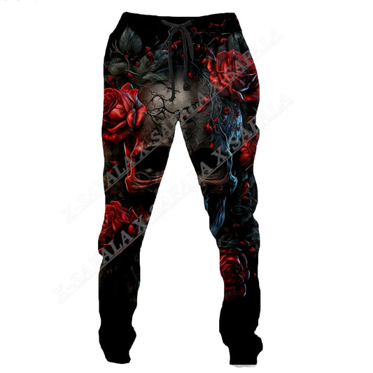 Skull Long Pants Men Sweatpants Dark Rose 3D Print Drawstring Joggers Streetwear Spring Autumn Sports Trousers for man clothing