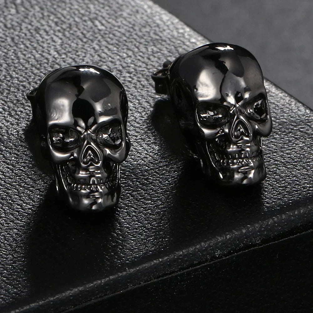 1 Pair Street Hiphop Halloween Punk Skull Piercing Stud Earrings for Men Black Gold Color Ear Accessories Fashion Jewelry