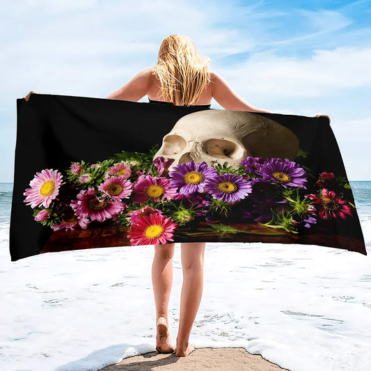 Skull Beach Towel Microfiber Beach Towel for Gym Travel Fitness Spa Towel Women Girl Flower Rose Skull Large Beach Towels