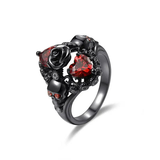 Vintage Cool Fashion Rose Heart Skull Ring for Women Red Crystal Jewelry Accessories Party Gift Ring Trendy Personality Ring