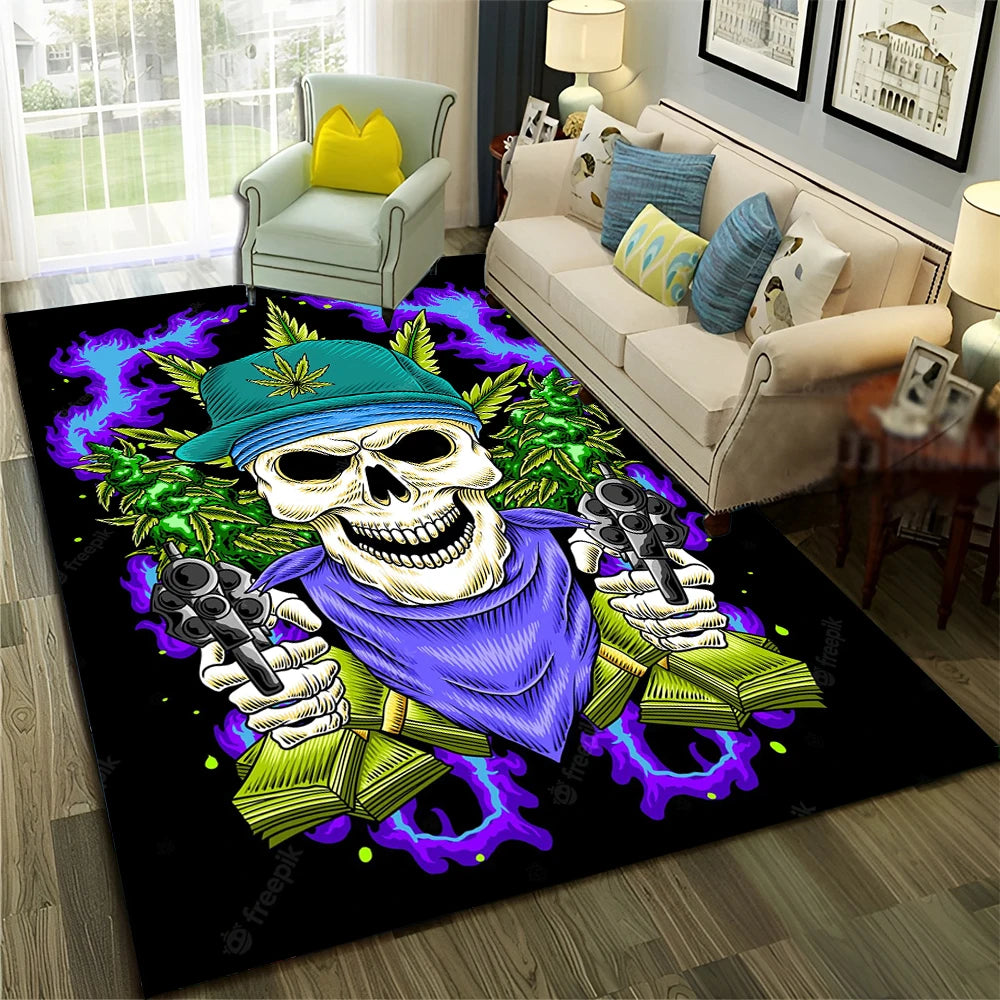 Smoke Maple Weed Plants Green Death Skull Carpet Rug for Home Living Room Bedroom Sofa Doormat Decor,Area Rug Non-slip Floor Mat