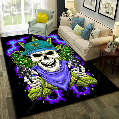 Smoke Maple Weed Plants Green Death Skull Carpet Rug for Home Living Room Bedroom Sofa Doormat Decor,Area Rug Non-slip Floor Mat