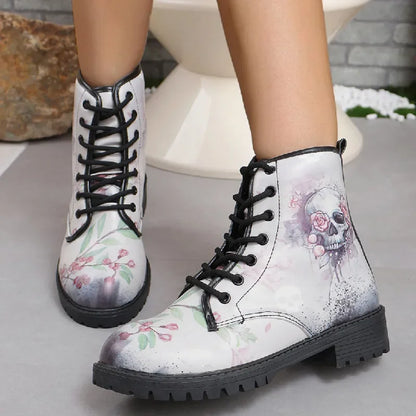 Women's Printed Short Boots Autumn/Winter New Fashion Skull Head Printed Comfortable Casual Shoes Luxury Travel Durable