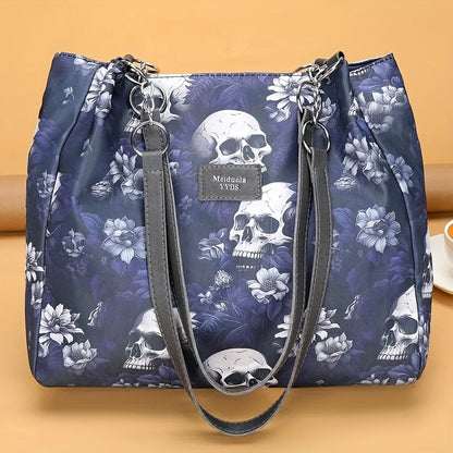 Gothic Skull Pattern Tote Bag, Large Capacity Shoulder Bag, Women's Fashion Handbag for Commute Work