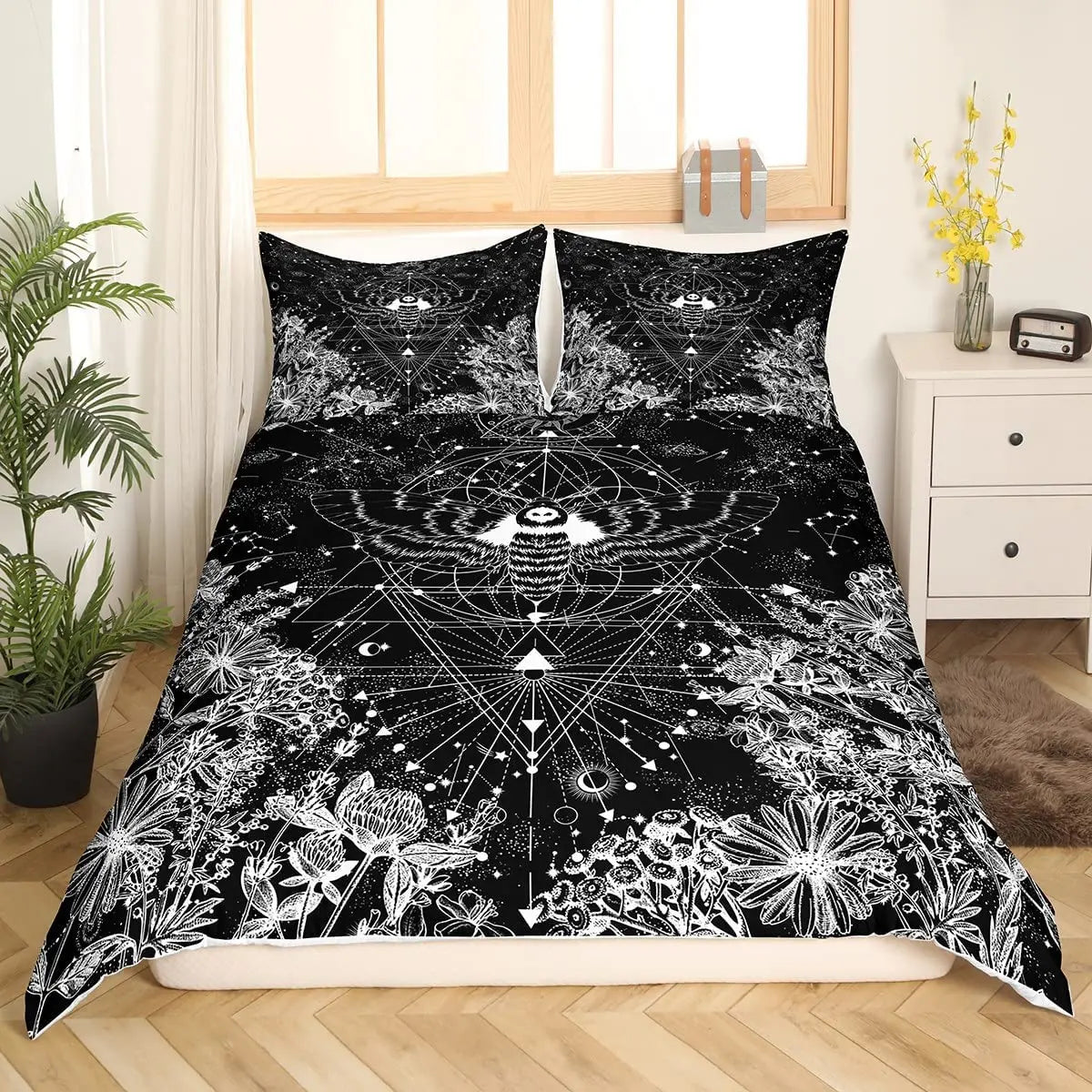 Death Moth Duvet Cover Set King Queen Full Twin Size Galaxy Sun and Moon Polyester Comforter Cover Boho Gothic Skull Bedding Set