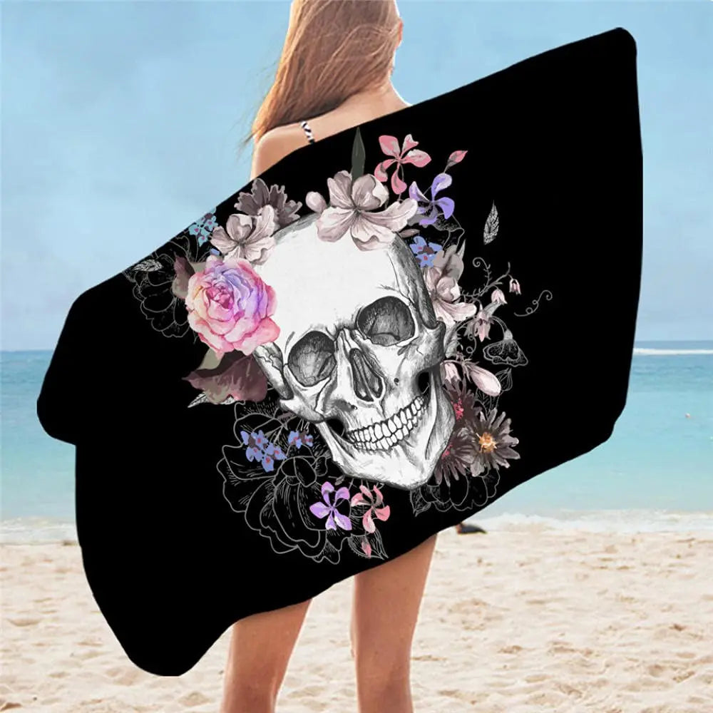 Skull Beach Towel Microfiber Quick Dry Beach Floral Printed Travel Fitness Spa Women Girl Flower Rose Skull Large Beach Towels