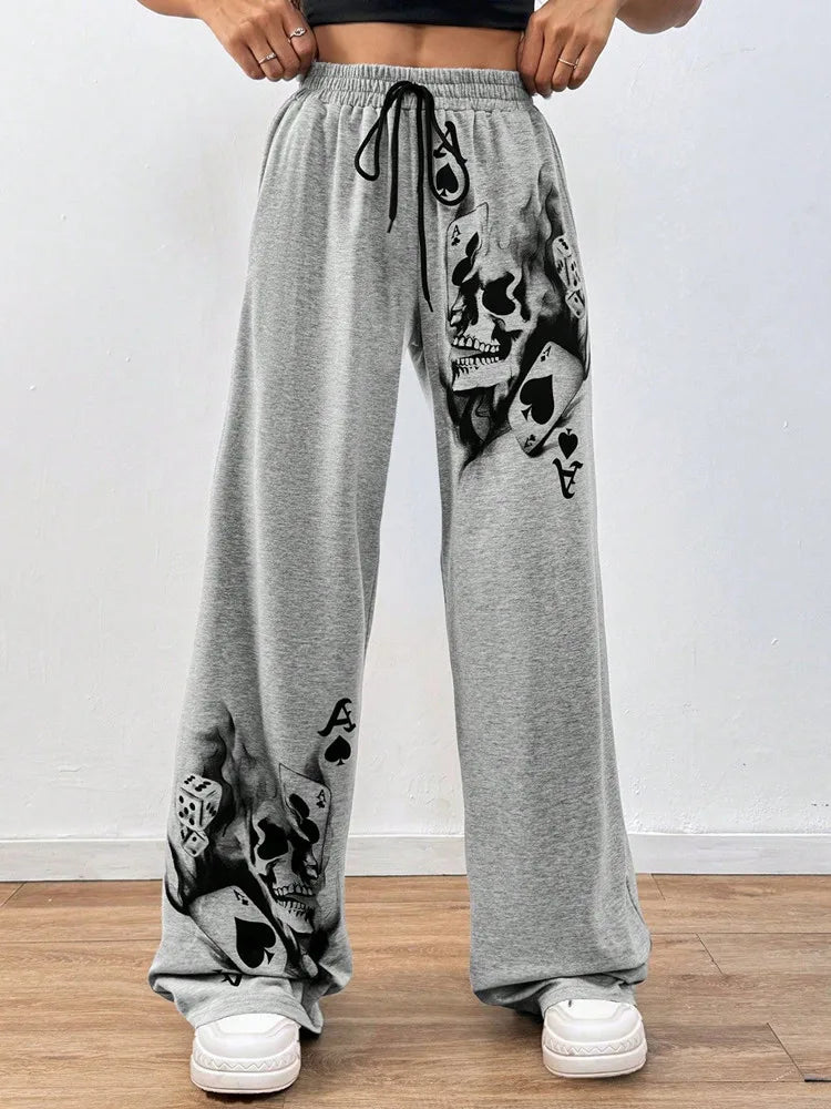 Goth Dark Mall Gothic Drawstring Straight Pants Women Casual Pockets Loose Trousers Skulls Print Streetwear Y2K Sporty Long Pant