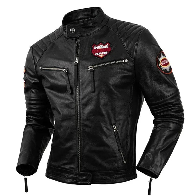 Indian Skull Embroidery Motorcycle Jacket Real Cowhide Leather Mens Motor Riding Coat Bomber Clothes Autumn Winter