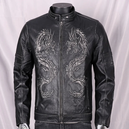 Mens Chinese Cow Brand Leather Skull Jackets Imported Genuine Leather Cowhide Embroidery Dragon Coat For Man Winter Overcoat