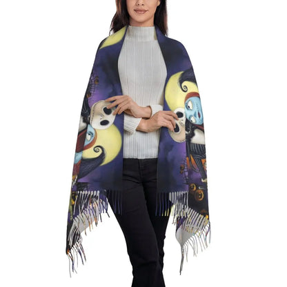 Custom Jack Skellington Sally Tassel Scarf Women Winter Fall Warm Shawls Wraps Ladies The Nightmare Before Christmas Scarves