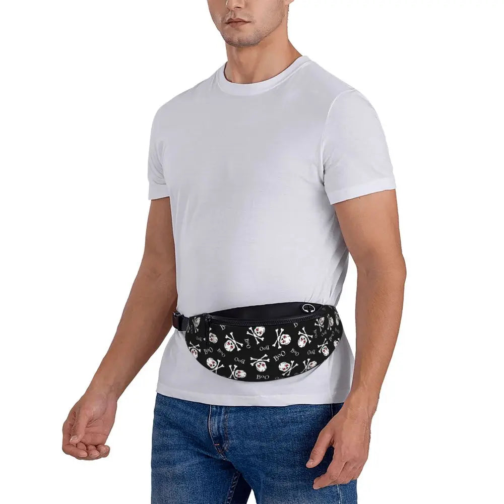 Gothic Skull Flower Fanny Pack Women Men Custom Goth Halloween Crossbody Waist Bag for Cycling Camping Phone Money Pouch