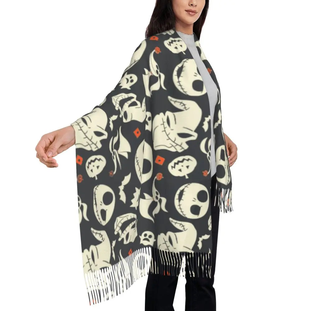 Custom Jack Skellington Sally Tassel Scarf Women Winter Fall Warm Shawls Wraps Ladies The Nightmare Before Christmas Scarves