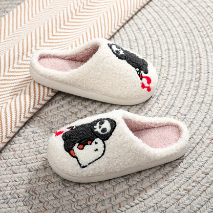 Halloween Skull Embroidery Cotton Slippers Home Flat Indoor Ghost Non-slip Women Men Thickened Slippers Goat Halloween Gift