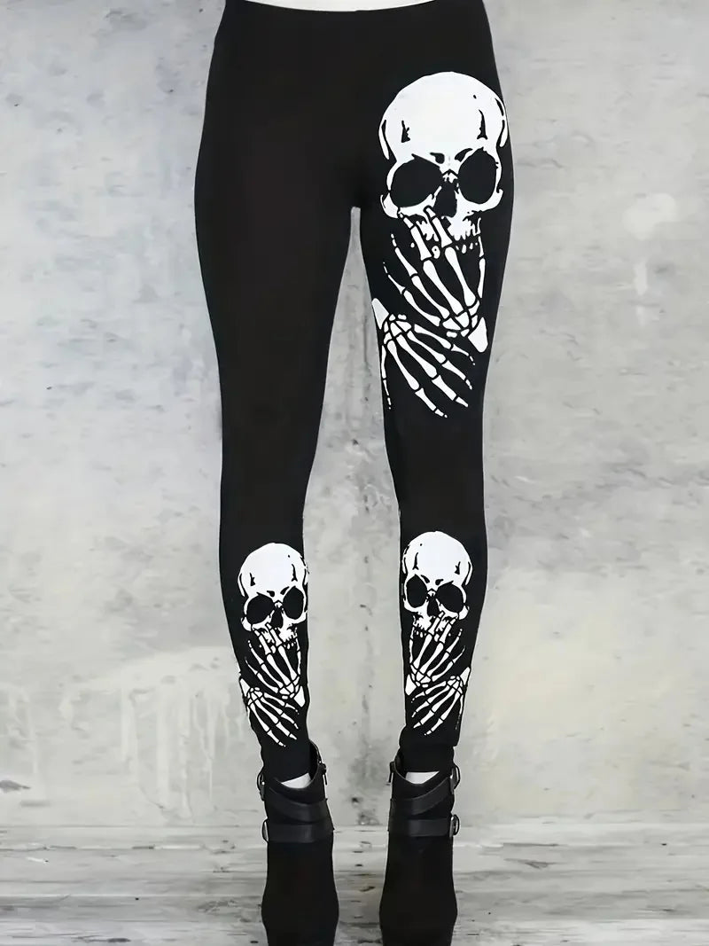 Skull print casual stretch slim-fit leggings for women