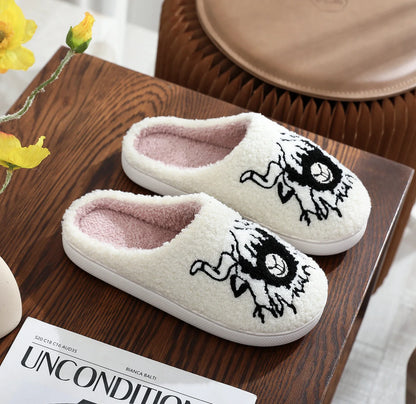 Halloween Skull Embroidery Cotton Slippers Home Flat Indoor Ghost Non-slip Women Men Thickened Slippers Goat Halloween Gift