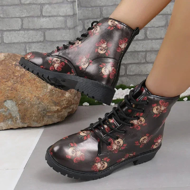 Women's Printed Short Boots Autumn/Winter New Fashion Skull Head Printed Comfortable Casual Shoes Luxury Travel Durable