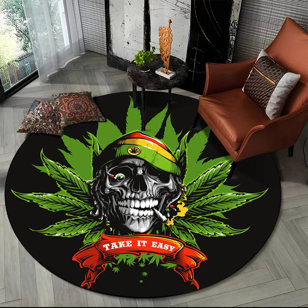 3D Smoke Maple Weed Plants Green Death Skull Round Carpet Rug for Living Room Bedroom Kids Decor,Pet Area Rug Non-slip Floor Mat