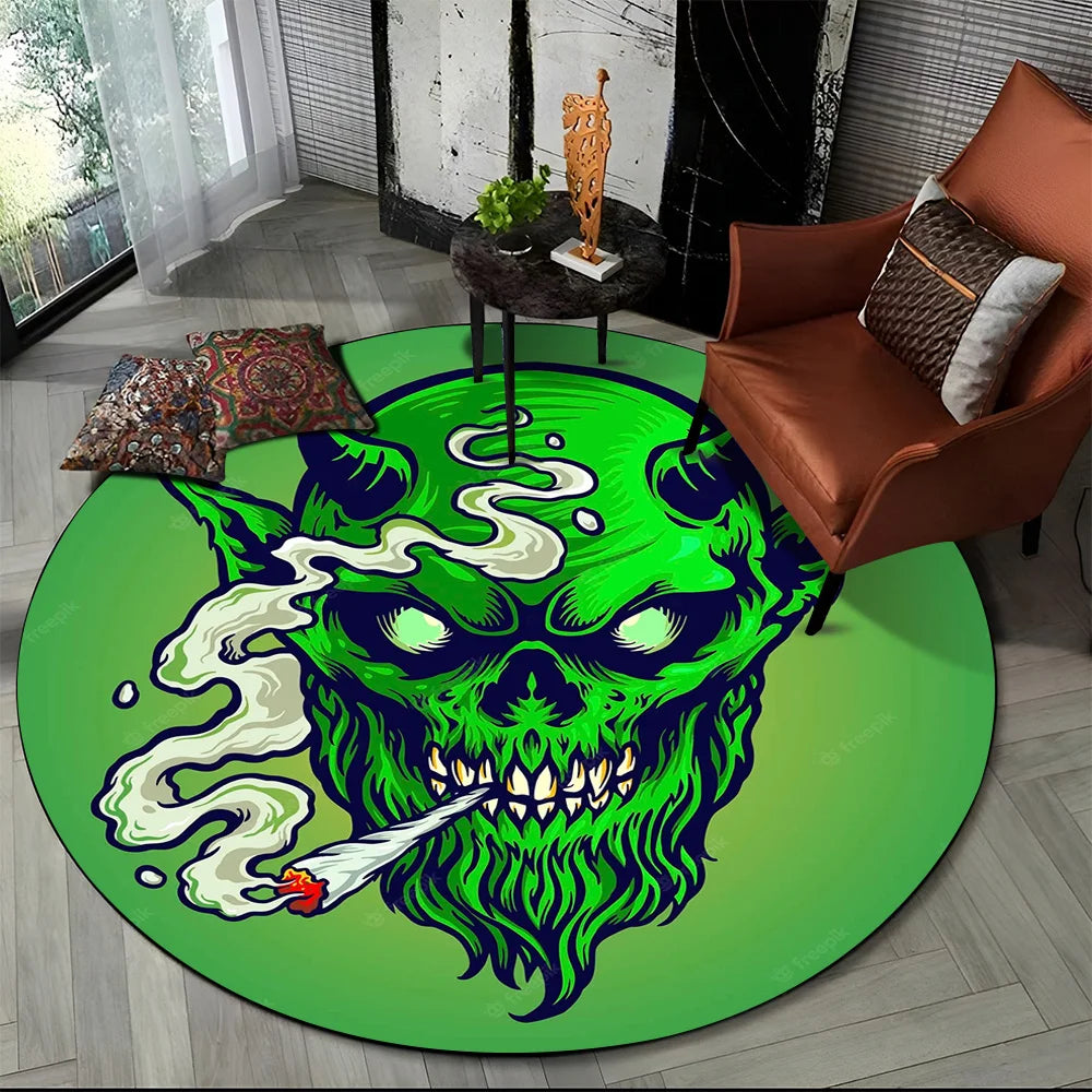 3D Smoke Maple Weed Plants Green Death Skull Round Carpet Rug for Living Room Bedroom Kids Decor,Pet Area Rug Non-slip Floor Mat