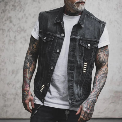 Men's Motorcycle Biker Vest Strawhat Pirates Skull Print Distressed Hole Punk Sleevless Denim Jacket Black Streetwear Waistcoat