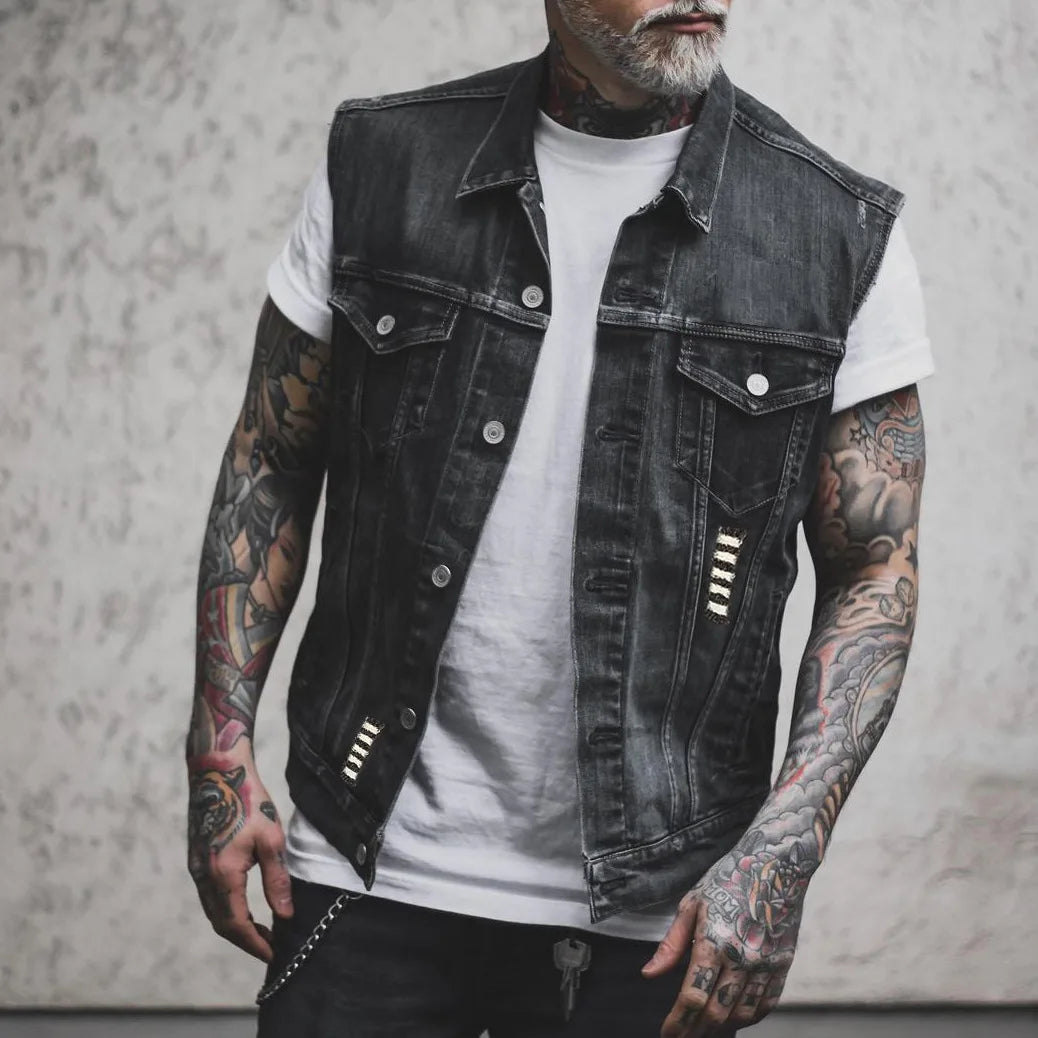 Skull Wing Letter Print Denim Vest Men Punk Rock Cowboy Jeans Waistcoat Fashion Hole Motorcycle Biker Sleeveless Jacket