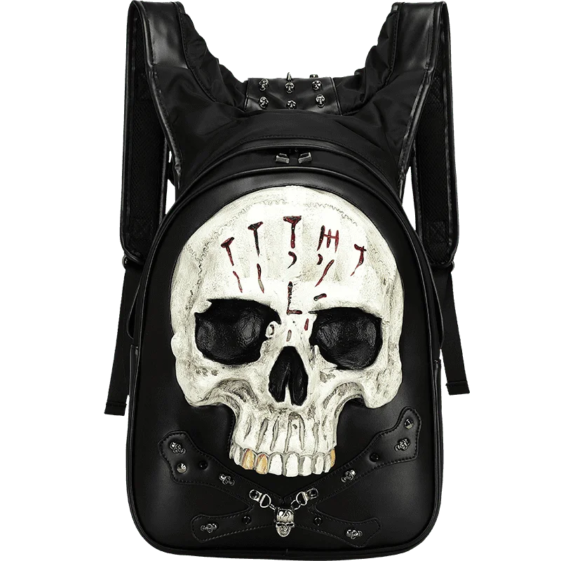 Man 3D Embossed Skull Punk Rock Gothic Leather Backpack Rivets Laptop Travel Soft Backpack With Hood Cap Women Grils Bag Hiphop