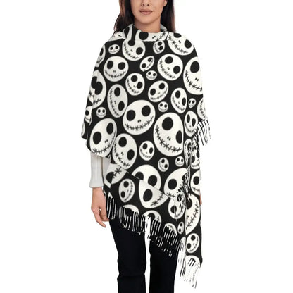 Custom Jack Skellington Sally Tassel Scarf Women Winter Fall Warm Shawls Wraps Ladies The Nightmare Before Christmas Scarves