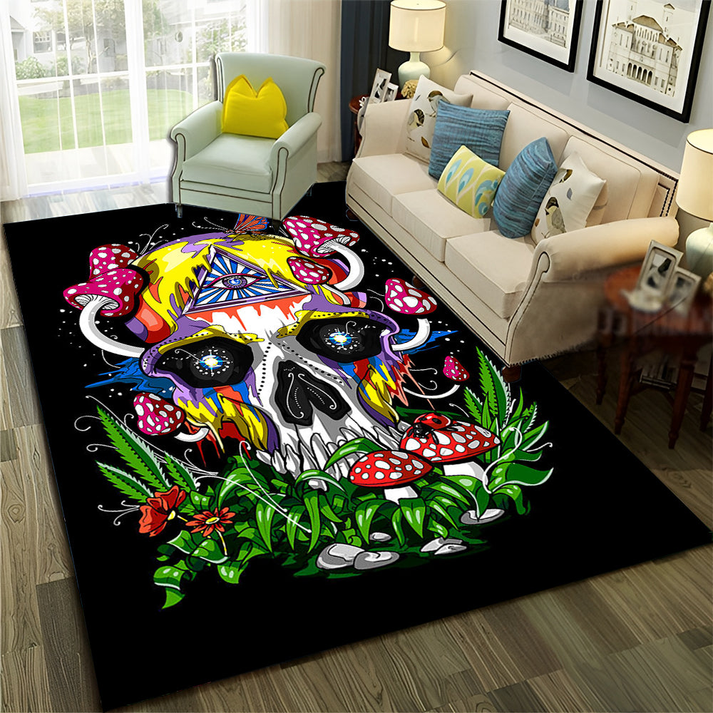 Smoke Maple Weed Plants Green Death Skull Carpet Rug for Home Living Room Bedroom Sofa Doormat Decor,Area Rug Non-slip Floor Mat