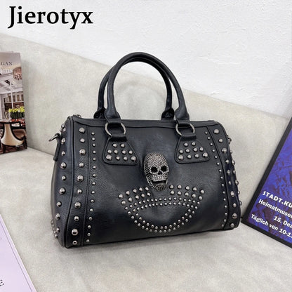 JIEROTYX Trendy Metal Skull Studded Black Handbags Gothic Rivet Womens Purse Satchel Handbag Shoulder Bags Large Capacity