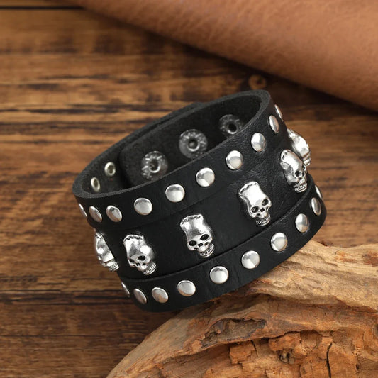 Jewelry Handmade Weave Genuine Leather Bracelet Men Vintage Cuff Wide Leather Skull Bracelet Pulsera Hombre