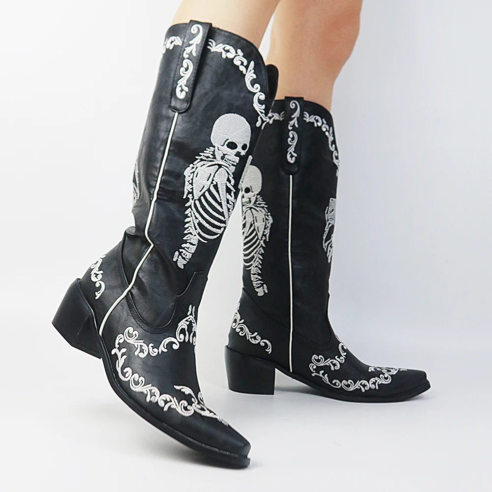 Women Skull Skeleton Selfie Cowboy Western Mid Calf Boots Pointed Toe Slip-On Stacked Heel Goth Punk Autumn Shoes Brand Designer