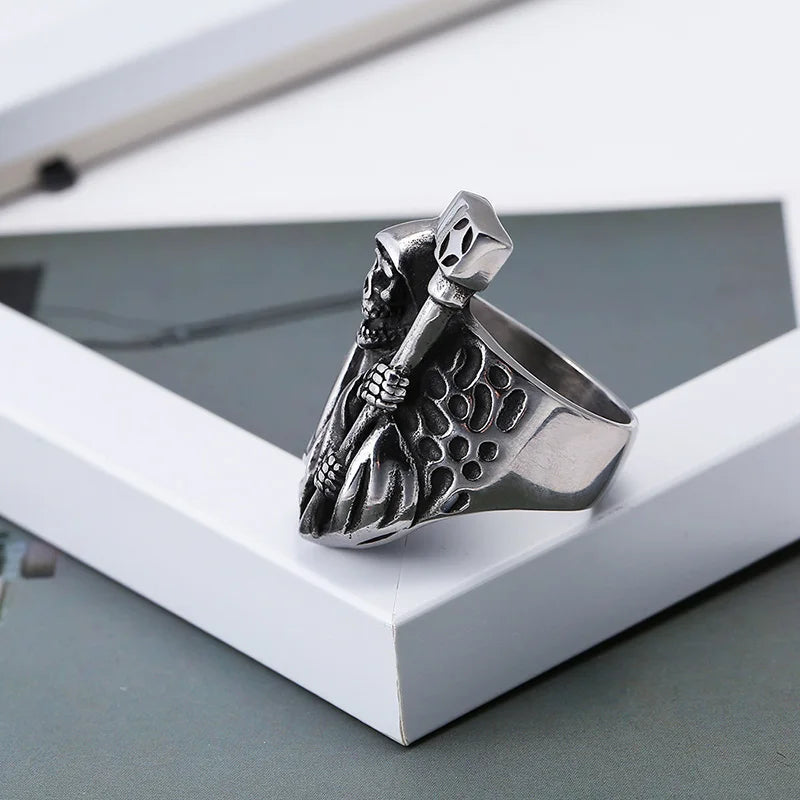 Creative Exquisite Titanium Steel Carved Scythe Skull Men's Ring Festival Party Birthday Gift Jewelry