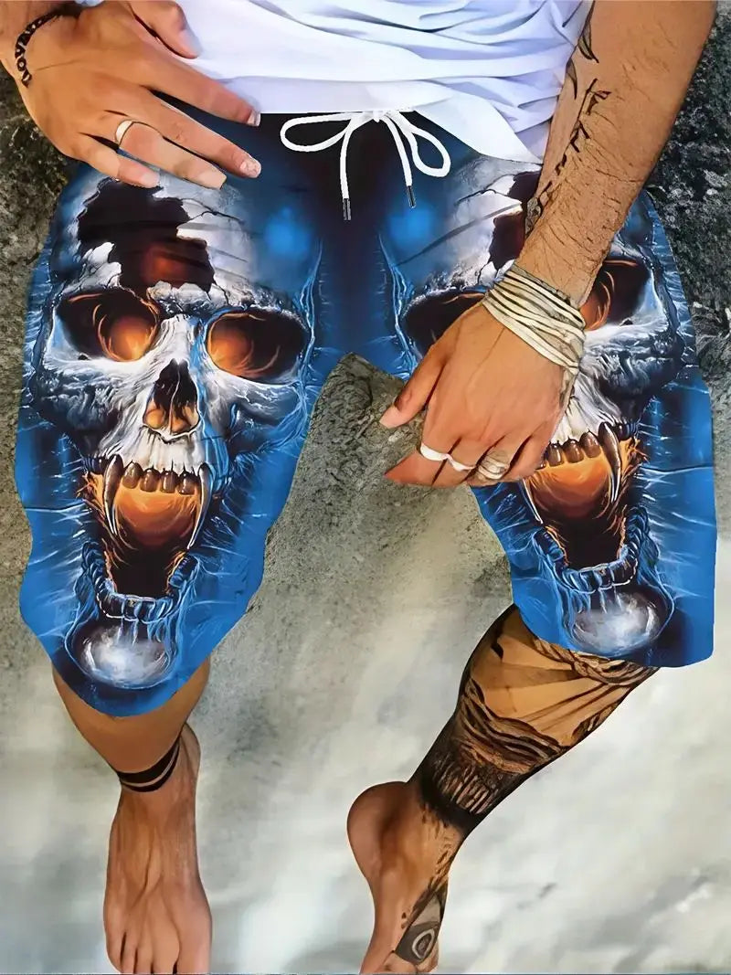 New Men's Summer Casual Shorts 3D Skull Print Creative Cool Street Vacation Polyester Soft BreathableBeach PantsSurfboard Shorts