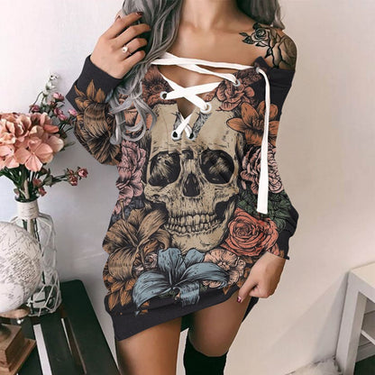 Autumn Winter Hoodie Sweatshirt Dresses For Women Skull Rose Print Gothic Party Dress Sexy Off Shoulder Casual Pullovers Dress