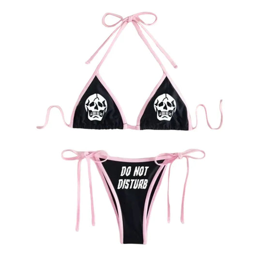 Women Funny Bikini Set Skull Print Chest Padded Halter Bra Side Tie-Up Letter Print Thong Bikini For Women