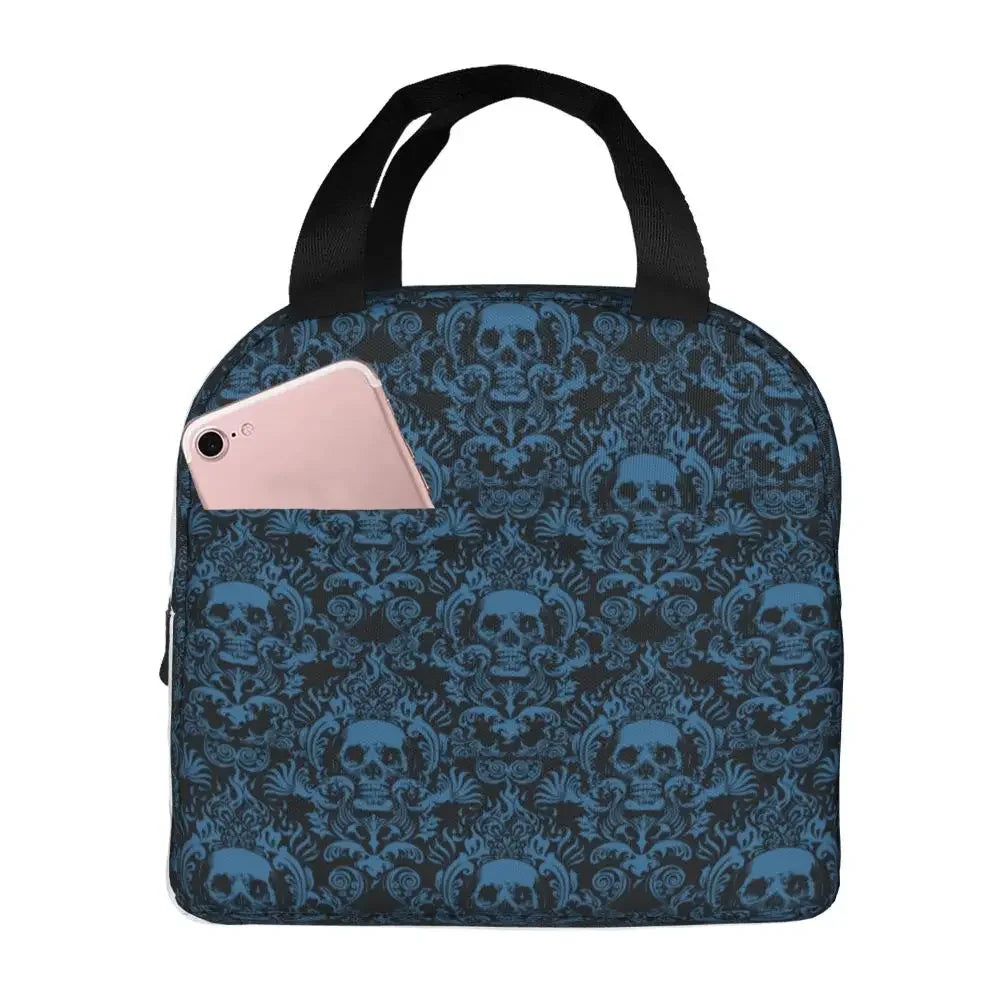 Vintage Halloween Gothic Black Skull Damask Lunch Bag Portable Thermal Cooler Insulated Bento Box For Women Kids Food Tote Bags