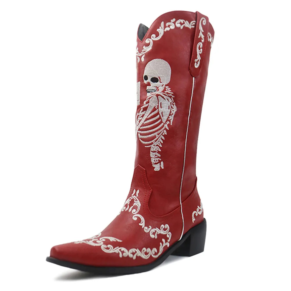 Women Skull Skeleton Selfie Cowboy Western Mid Calf Boots Pointed Toe Slip-On Stacked Heel Goth Punk Autumn Shoes Brand Designer