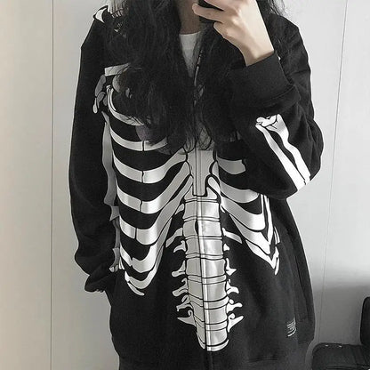 Skeleton Print Hoodies Women Y2K Harajuku Long Sleeve Zipper Jacket Goth Oversize Hooded Sweatshirts Streetwear Hoodies