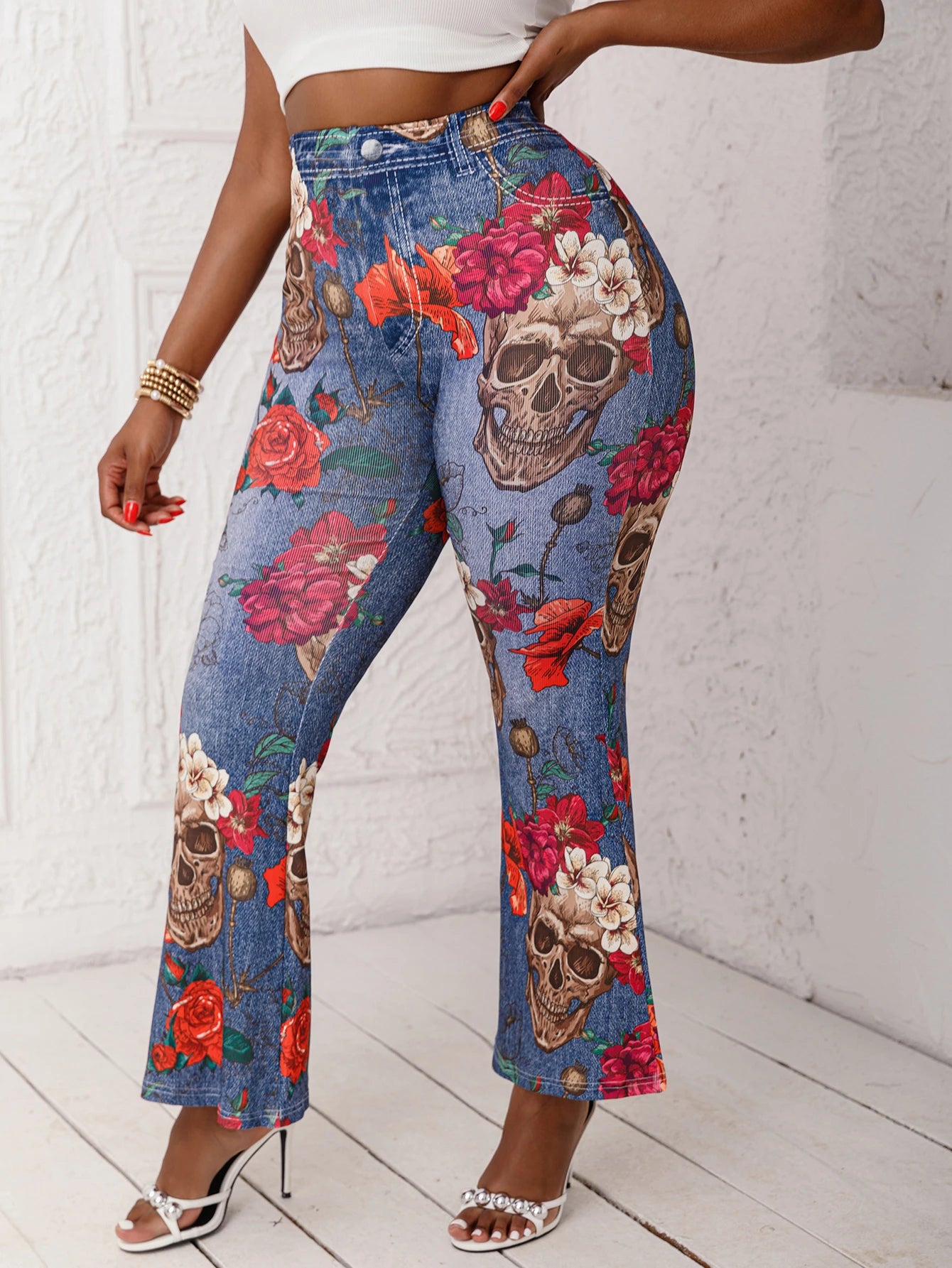 Plus Size Ladies Flared Pants Imitation Denim Skull Head Flower Print Fashion Casual High Elastic Trousers