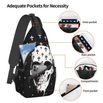 Gothic Skull With Crosses Crossbody Chest Bags Pockets Travel Pack Messenger Sports Teens Shoulder Bag Unisex