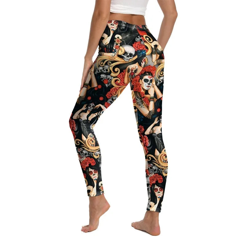 Halloween Day of The Dead Skull Rose 3D Print Pattern Sexy Skinny Leggins Fitness Workout Leggings for Women Trouser  Female