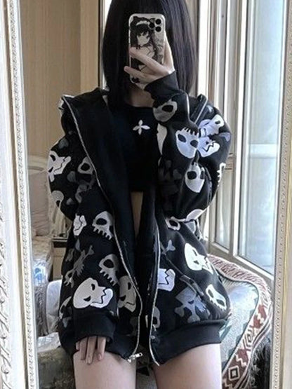 AltGoth Cyberpunk Y2k Sweatshirt Women Mall Goth Harajuku Skull Printed Long Sleeve Zipper Cardigan Hoodie Emo Alt Indie Clothes