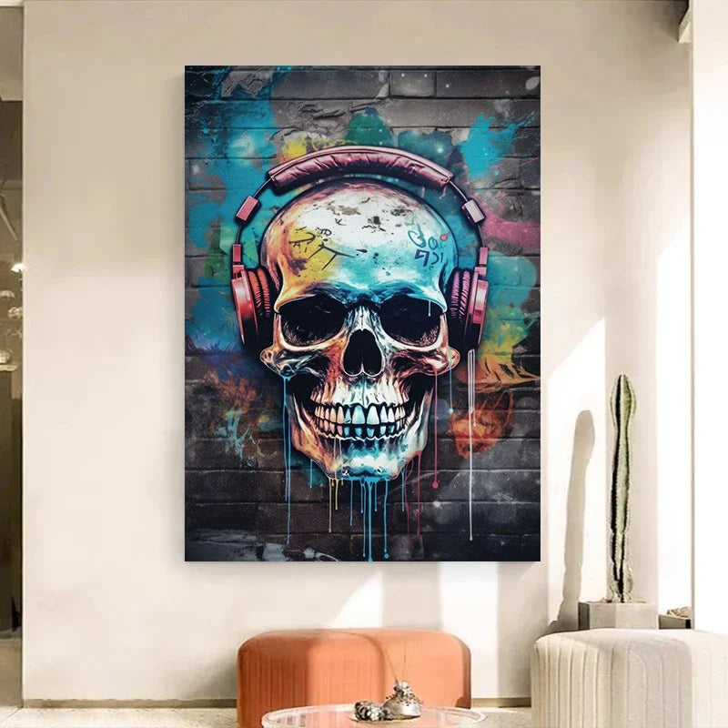 Abstract Skull with Earphone Pop Graffiti Art Canvas Painting Posters and Prints Street Wall Art Picture for Home Decor No Frame