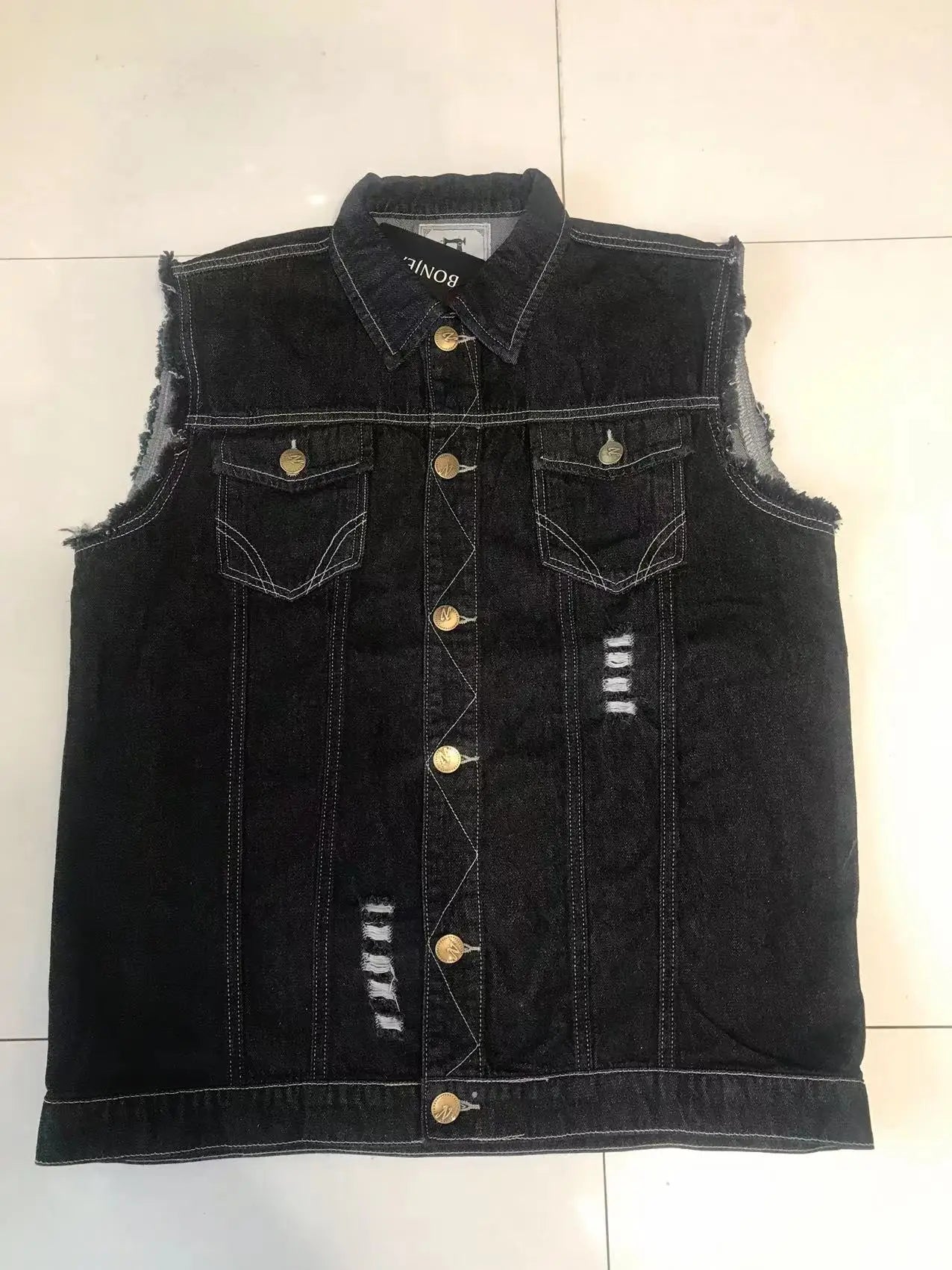 Men's Motorcycle Biker Vest Strawhat Pirates Skull Print Distressed Hole Punk Sleevless Denim Jacket Black Streetwear Waistcoat